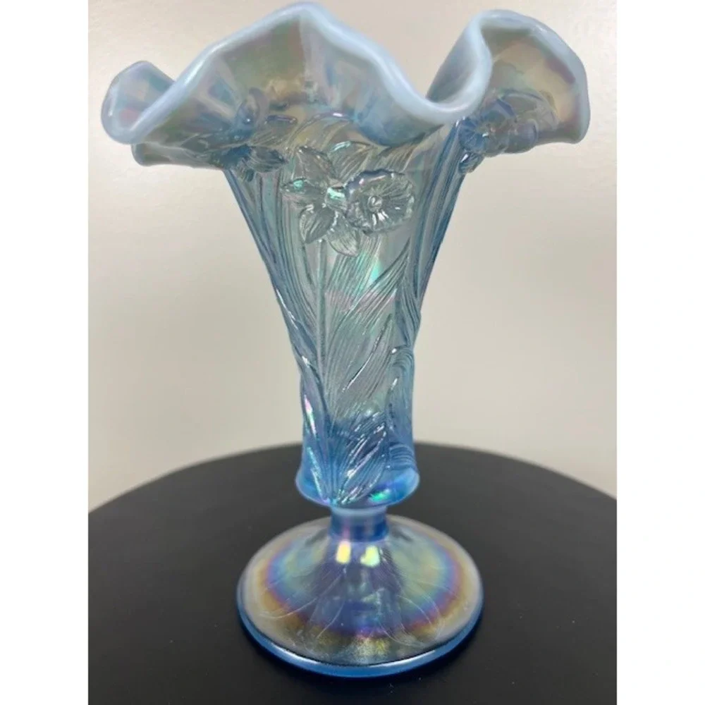 Fenton Ice Blue Iridescent Vase Daffodils Ruffled Edge 7-8